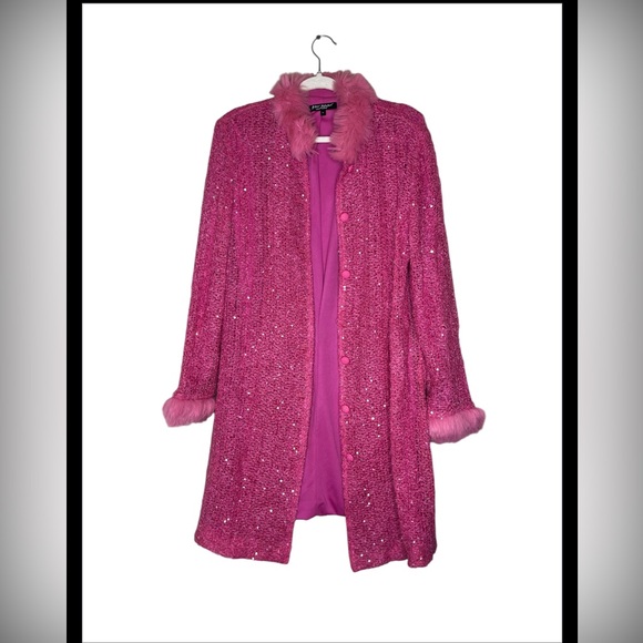 Betsey Johnson Jackets & Blazers - Rare VTG Y2K Betsey Johnson New York Pink Sequin Coat with Faux Fur Trim size M